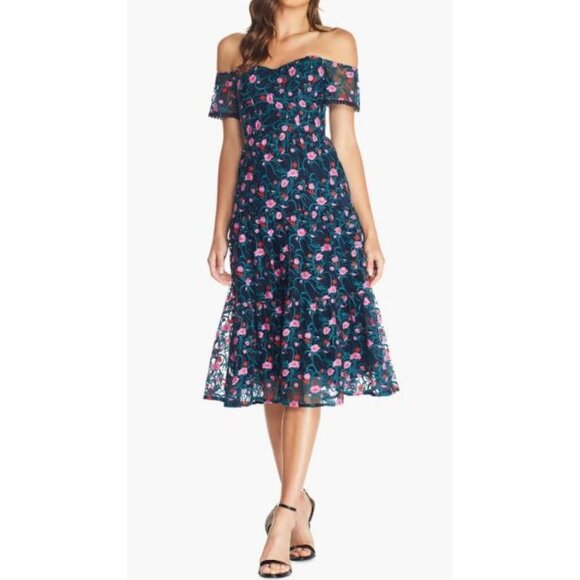 Dress the Population River Embroidered Off the Shoulder Midi Dress Pink Floral - Picture 1 of 16